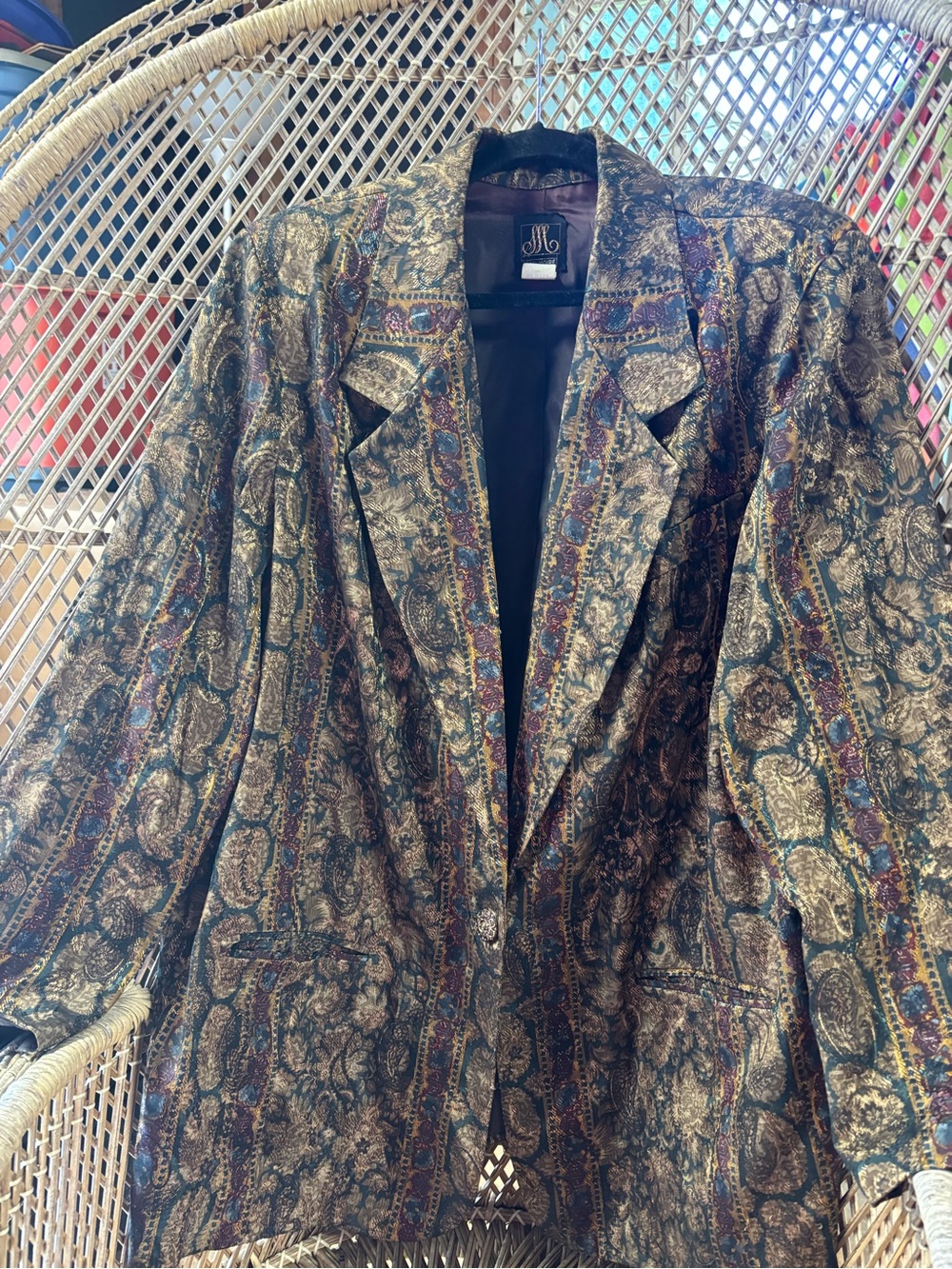 San Moire Metallic Paisley Blazer Jacket - Gold, Blue, Brown VINTAGE